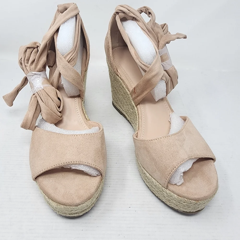 New‎ Blush Pink Espadrille Wedge Sandals Suede Ankle Tie Platforms Size 9.5